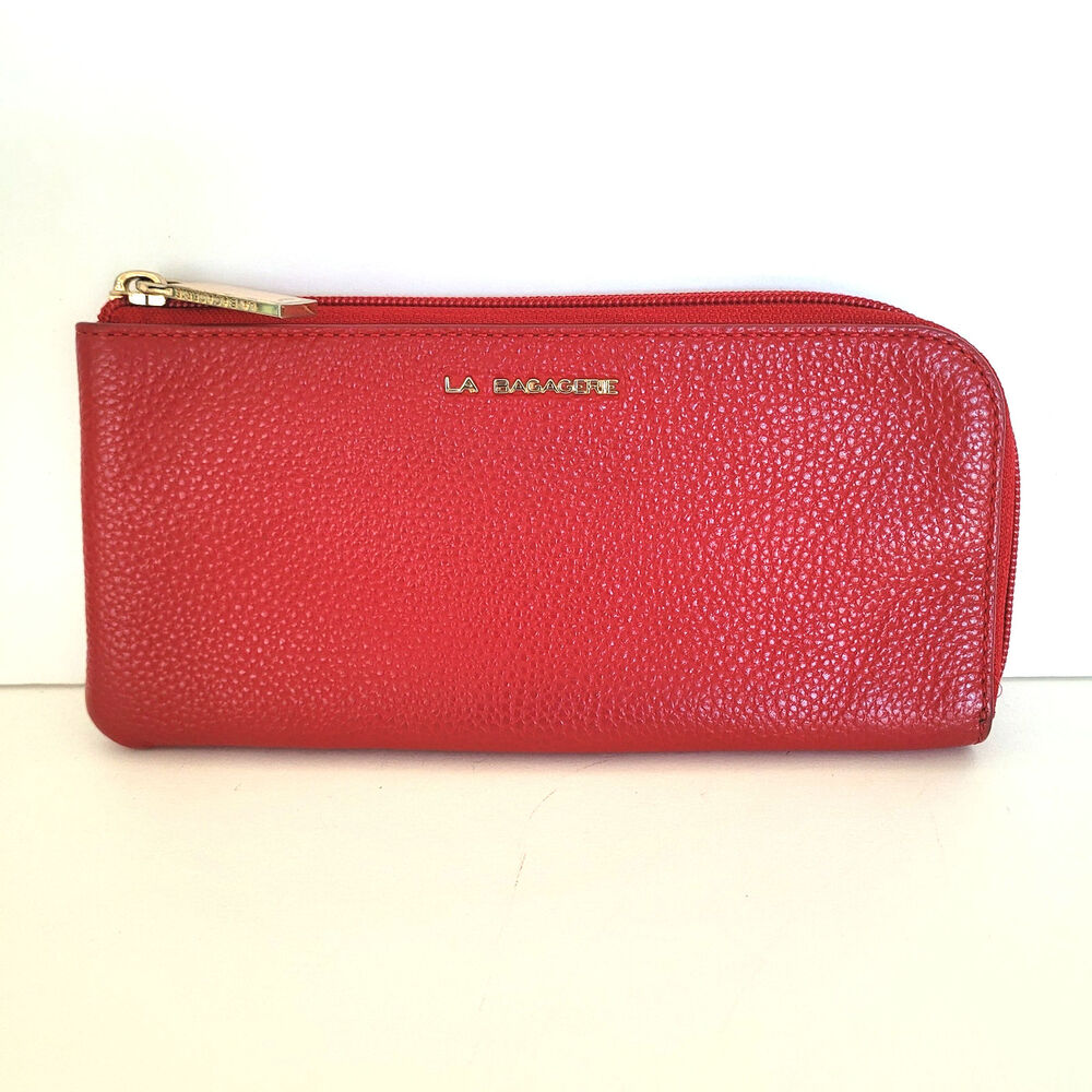 La Bagagerie Shrink Leather Wallet Red Corner Zip Red Geniue Leather Designer